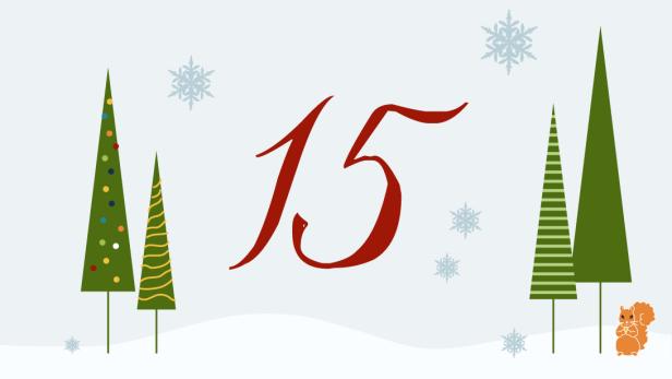 Illustration für den 15. Dezember mit Weihnachtsbäumen, Schneeflocken und einem Eichhörnchen.