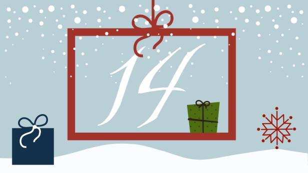 Ein Adventskalender-Design mit der Zahl 14, Geschenken und Schneeflocken.