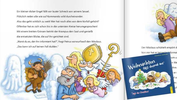 Illustration aus dem Buch „Weihnachten fällt diesmal aus“ mit Nikolaus, Petrus, Engeln und Krampus.