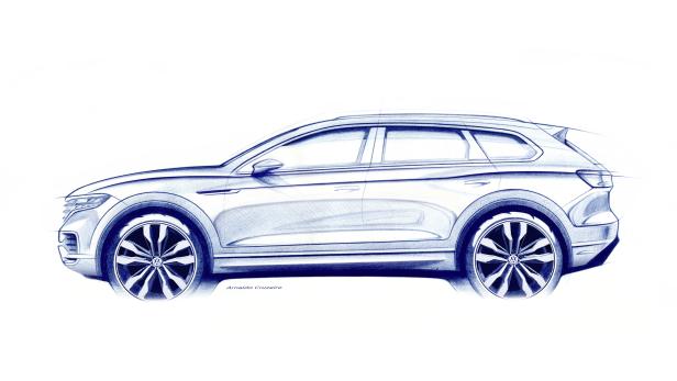 Eine blaue Skizze eines Volkswagen SUV von der Seite.