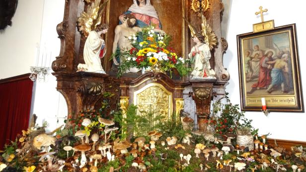 Ein Altar mit einer Pietà-Statue, umgeben von Blumen und Pilzen.
