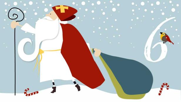 Eine stilisierte Darstellung des Nikolaus mit Bischofsstab und Geschenkesack im Schnee.