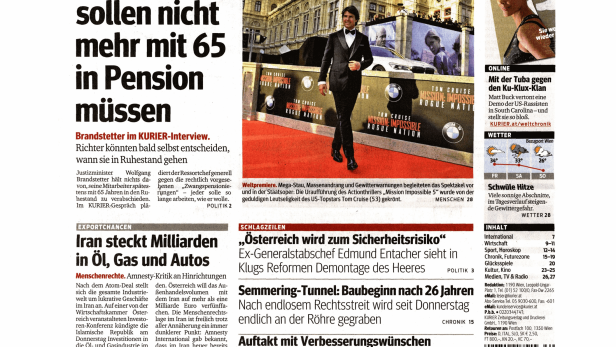 Schlagzeile vom 24.07.2015Beamte sollen nicht mehr mit 65 in Pension müssenKurier