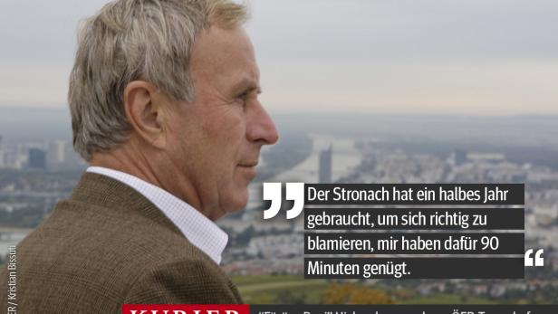 „Färöer-Pepi“ Hickersberger, ehemaliger ÖFB-Teamchef, im Profil vor einer Stadtlandschaft.
