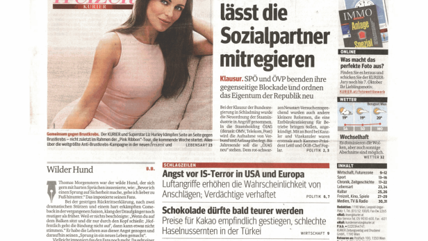 Titelseite des Kurier vom 27. September 2014 mit Artikeln zu verschiedenen Themen.