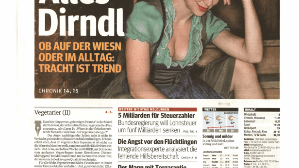 Eine Frau im Dirndl auf der Titelseite des „Kurier am Sonntag“ vom 28. September 2014.