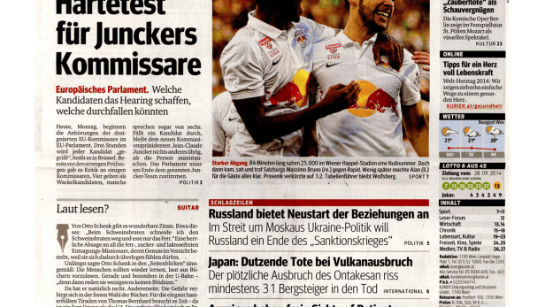 Titelseite der österreichischen Tageszeitung Kurier vom 29. September 2014.