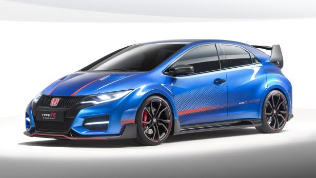 Ein blaues Honda Civic Type R Konzeptfahrzeug vor einem weißen Hintergrund.