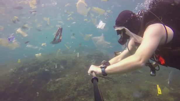 Müllproblem: Taucher schwimmt durch Meer aus Plastik