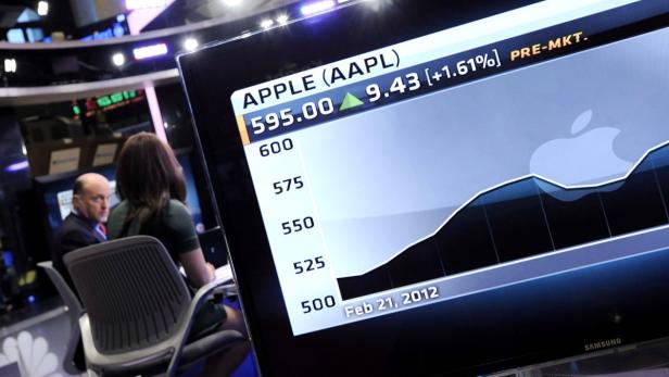 EPAepa03151590 A view of a screen showing the stock price of Apple Inc on the floor of the New York Stock Exchange in New York, New York, USA, 19 March 2012. Apple announced today that the company plans to pay a quarterly dividend of $2.65 and buy back up