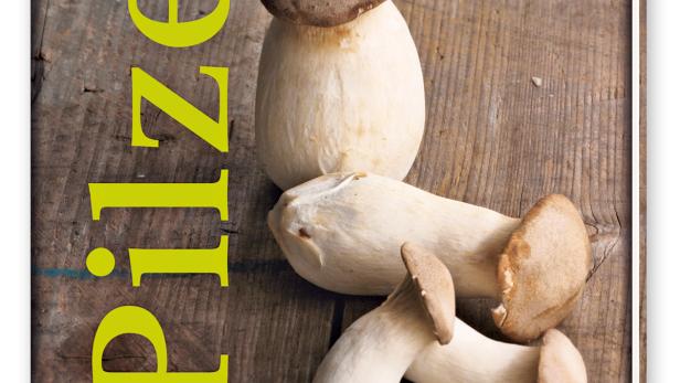 Das Cover eines Kochbuchs mit dem Titel „Pilze“ zeigt verschiedene Kräuterseitlinge auf Holz.