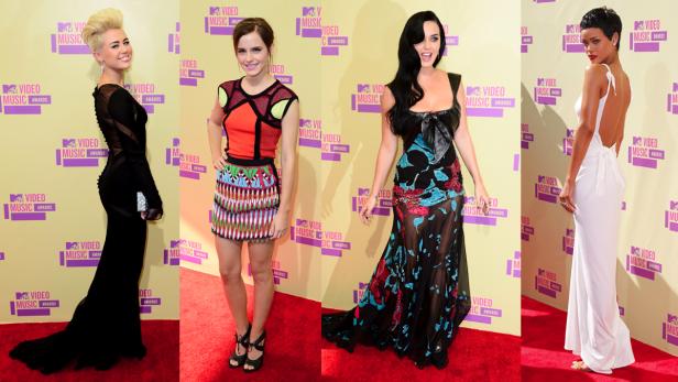 Auf dem Red Carpet der MTV Video Music Awards gab es auch heuer wieder große Roben neben schicken Kleidchen zu sehen. Ein einheitliches Motto gab es dennoch: Viel Haut zeigen! Im Bild: Emma Watson, Miley Cyrus, Emma Watson, Katy Perry und Rihanna.