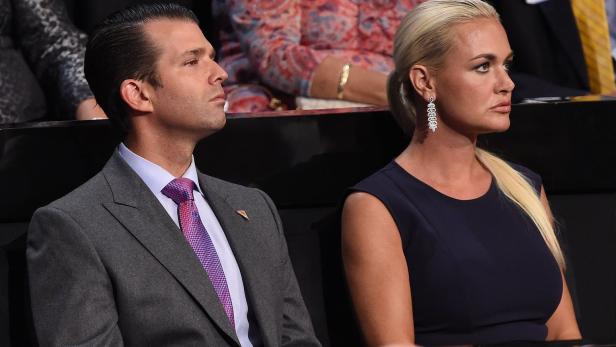(FILES) In this file photo taken on July 21, 2016 Donald Trump Jr., and his wife Vanessa Trump look on during the Republican National Convention at the Quicken Loans Arena in Cleveland, Ohio. A 24-year-old Massachusetts man was arrested and charged on March 1, 2018 with sending a threatening message and suspicious white powder to President Donald Trump&#039;s eldest son last month, officials said. The letter was opened at Donald Trump Jr&#039;s New York apartment on February 12. His wife Vanessa was taken to hospital as a precaution after opening the envelope. Daniel Frisiello from Beverly, north of Boston, allegedly sent the letter and similar threats to four other prominent individuals across the country. / AFP PHOTO / Robyn BECK