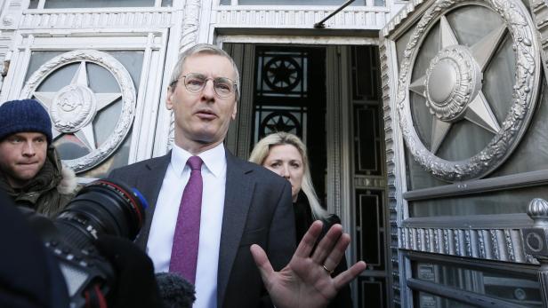 British Ambassador to Russia Laurie Bristow addresses the media while leaving the Russian Foreign Ministry in Moscow, Russia March 17, 2018. REUTERS/Gleb Garanich