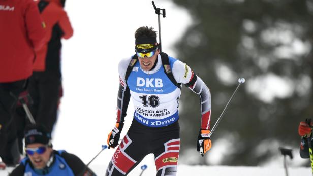 Julian Eberhard of Austria competes in the men&#039;s 15km mass start event at the IBU Biathlon World Cup in Kontiolahti, Finland, on March 11, 2018. / AFP PHOTO / Lehtikuva / Martti Kainulainen / Finland OUT