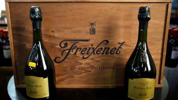 Bottles of cava (sparkling wine) from Freixenet are displayed in a wine shop in Alella, near Barcelona, Spain April 13, 2016. REUTERS/Albert Gea