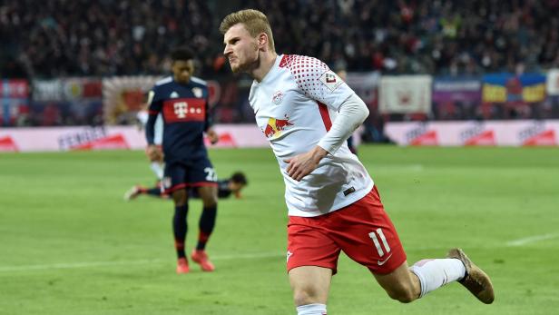 Soccer Football - Bundesliga - RB Leipzig vs Bayern Munich - Red Bull Arena, Leipzig, Germany - March 18, 2018 RB Leipzig&#039;s Timo Werner celebrates scoring their second goal REUTERS/Matthias Rietschel DFL RULES TO LIMIT THE ONLINE USAGE DURING MATCH TIME TO 15 PICTURES PER GAME. IMAGE SEQUENCES TO SIMULATE VIDEO IS NOT ALLOWED AT ANY TIME. FOR FURTHER QUERIES PLEASE CONTACT DFL DIRECTLY AT + 49 69 650050