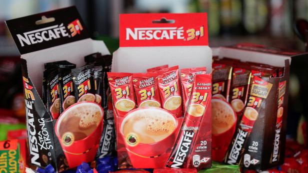 Nescafe products are seen on display at a street vendor's stall in Kiev