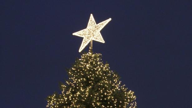Ein Weihnachtsbaum ist mit Lichtern und einem Stern geschmückt.