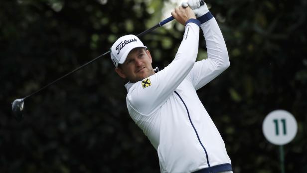 Bernd Wiesberger of Austria tees off on the 11th hole during practice for the 2018 Masters golf tournament in Augusta