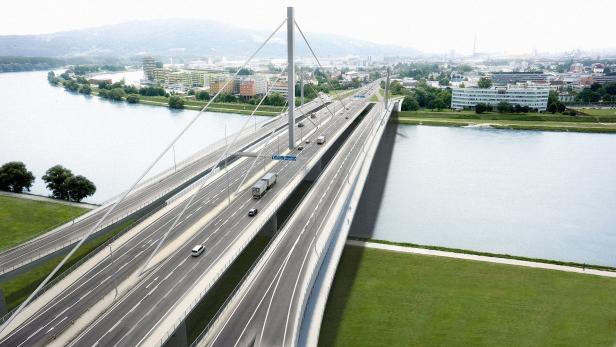 Die künftige Autobahnbrücke wird durch zwei neue Brücken auf der linken und rechten Seite von vier auf acht Spuren erweitert.