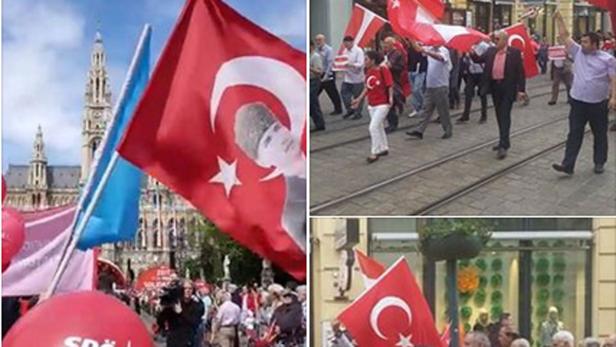 Gudenus postete ein Foto vom Wiener Rathausplatz mit Atatürk-Fahne (li.) und zwei Fotos aus Linz (re.)