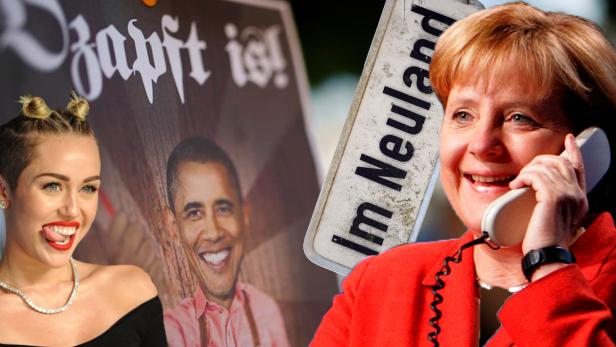 Eine Fotomontage mit Miley Cyrus, Barack Obama, Angela Merkel und einem Schild „Im Neuland“.