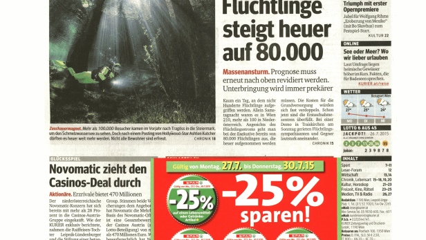 Schlagzeile vom 27.07.2015Zahl der Flüchtlinge steigt heuer auf 80.000Kurier