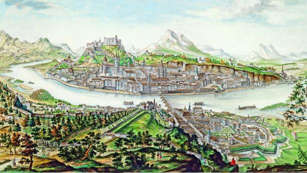 Ansicht der Stadt Salzburg von 1791 (Radierung von Anton Amon nach einer Zeichnung von August Franz Heinrich Naumann).