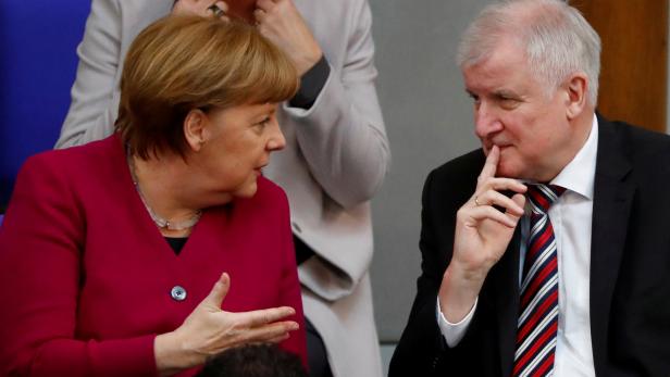 FILE PHOTO: German Chancellor Angela Merkel talks to Interior Minister Horst Seehofer