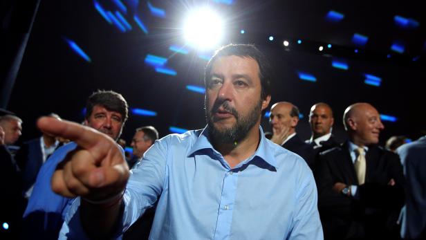 Interior Minister Matteo Salvini gestures as he arrives at the Italian Business Association Confcommercio meeting in Rome