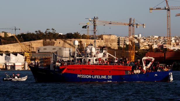 The charity ship Lifeline is seen at Boiler Wharf in Senglea, in Valletta's Grand Harbour