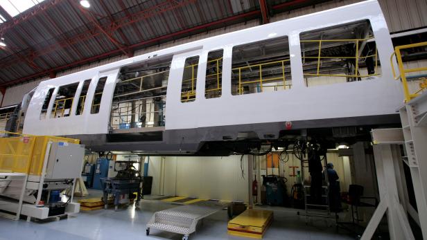 FILE PHOTO: The frame of a regional transport train seen inside the Bombardier workshop in Crespin