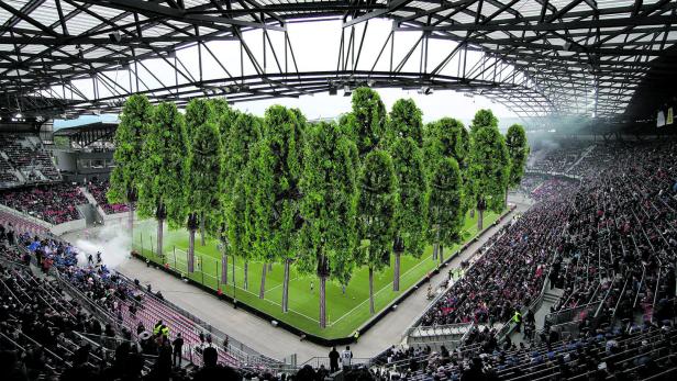 32.000 Fans jubeln im Wörthersee-Stadion den Bäumen zu – mit dieser Fotomontage fordert die FPÖ die Kärntner auf, eine Petition gegen das Wald-Projekt zu unterstützen.