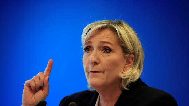 Marine Le Pen, National Rally (Rassemblement National) political party leader, attends a news conference at the party's headquarters in Nanterre near Paris