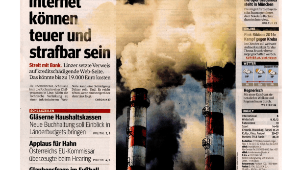 Titelseite der Zeitung „Kurier“ vom 1. Oktober 2014 mit verschiedenen Artikeln.
