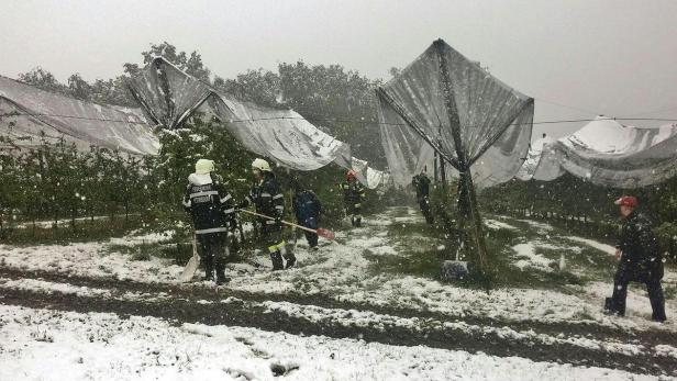 Kälteeinbruch Ende April: Die Feuerwehr befreit in St.Marein Hagelnetze vom Schnee