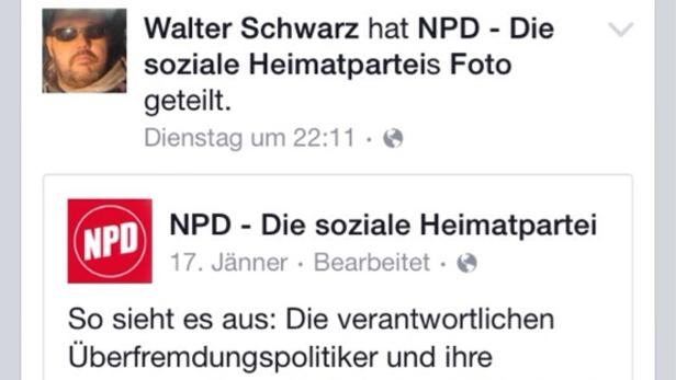 Der geteilte Beitrag der NPD auf Facebook sorgt derzeit für Aufregung. Laut Schwarz sei dies ein Fake-Posting.