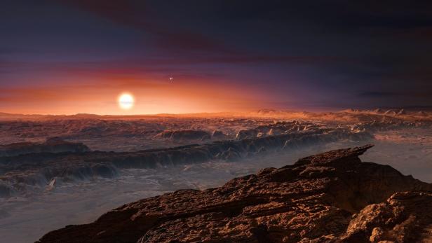 Künstlerische Impression des erdnächsten bekannten Exoplaneten Proxima Centauri b.