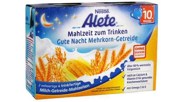 Eine Packung Alete „Gute Nacht Mehrkorn-Getreide“ Mahlzeit zum Trinken.