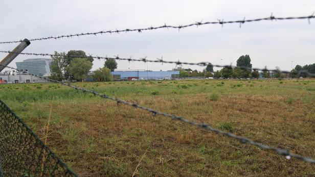 Ein brachliegendes Feld mit einem Zaun und Gebäuden im Hintergrund.
