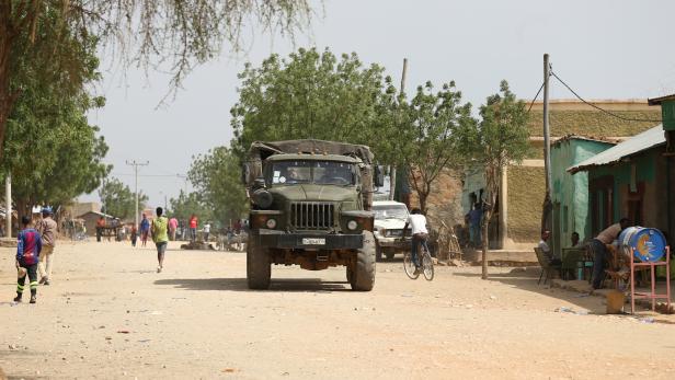 Ethiopian army patrol drives within Badme, territorial dispute town between Eritrea and Ethiopia currently occupied by Ethiopia