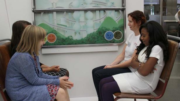 Vier Frauen sitzen vor einer Wand mit einer Grafik, die Emotionen darstellt.