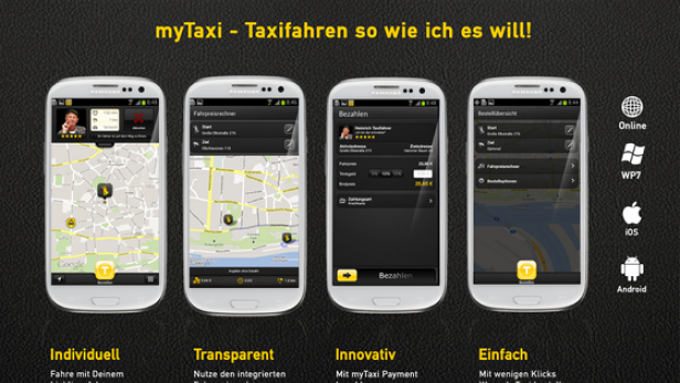Screenshots der myTaxi-App auf vier Smartphones nebeneinander.