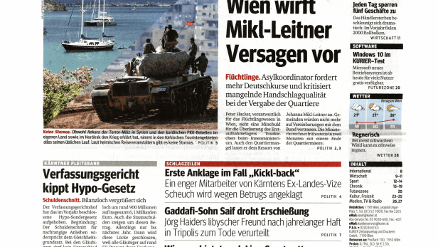 Schlagzeile vom 29.07.2015Asylpolitik: Wien wirft Mikl-Leitner Versagen vorKurier