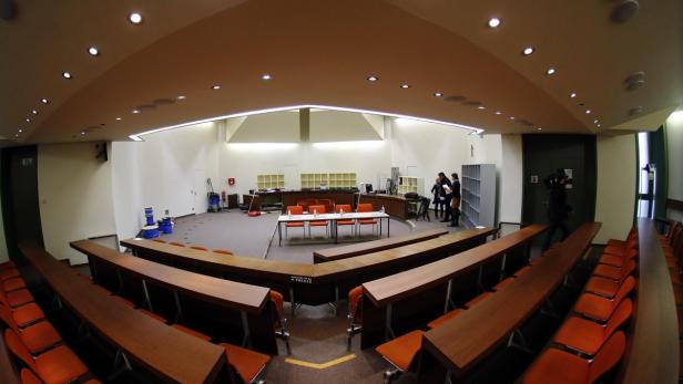 The courtroom where the trial against German Beate Zschaepe a member of the neo-Nazi group National Socialist Underground (NSU) will take place, is pictured in Munich March 15, 2013. An alleged member of the NSU, 38-year-old Zschaepe, will go on trial in Munich in April charged with the murders. The NSU is accused of murdering nine Turkish and Greek immigrants and a policewoman from 2000 to 2007. Two other NSU members committed suicide in late 2011 after a botched bank robbery. It was the discovery of their bodies in a caravan that first brought the connection between the murders over a seven-year period to light. REUTERS/Michael Dalder(GERMANY - Tags: CRIME LAW)