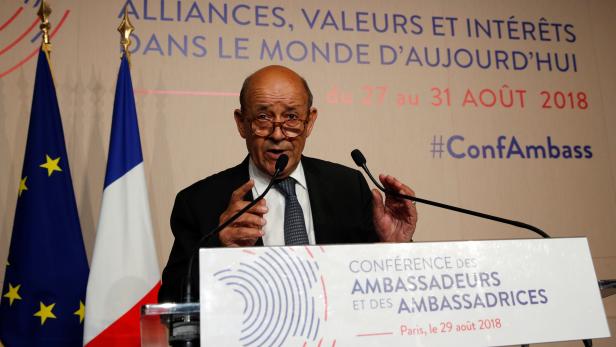 French Foreign Minister Yves Le Drian delivers a speech at the annual French ambassadors' conference in Paris