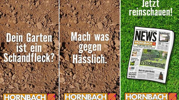 Eine dreiteilige Werbung von Hornbach für Gartenprodukte mit Erde, Text und einer Zeitung auf Rasen.