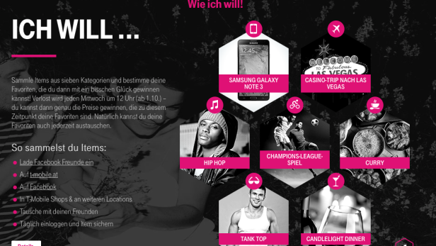 Eine Collage mit verschiedenen Symbolen, die mögliche Gewinne darstellen, darunter ein Samsung Galaxy Note 3 und eine Reise nach Las Vegas.