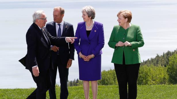 EU-Kommissionspräsident Jean-Claude Juncker, EU-Ratspräsident Donald Tusk, britische Premierministerin Theresa May und Deutschlands Bundeskanzlerin Angela Merkel (v.l.n.r.)